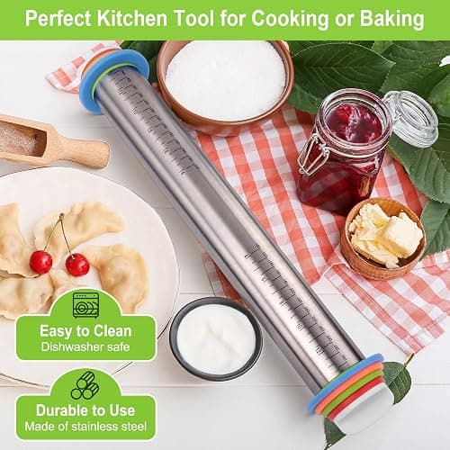 Rolling Pin with Thickness Rings and Red Silicone Baking Mat, Adjustable Stainless Steel Rolling Pins for Pasta or Sugar Decorating Cookies, Bread Making Tools Fondant Roller for Dough, Dumpling thumbnail 6