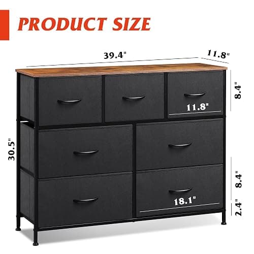 WLIVE 7 Drawer Dresser TV Stand, Entertainment Center, Media Console Table with Metal Frame and Wood Top for TV up to 45 inch, Chest of Drawers for Bedroom, Living Room, Black and Rustic Brown thumbnail 3