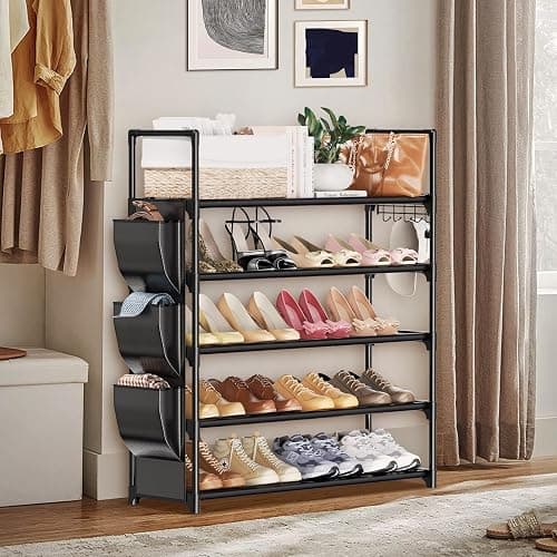 VILICK 5 Tier Shoe Rack with Hook and Side Pocket,Shoe Organizer Space Saver Storage for 20-25 Pair Shoe Storage Shelf Sturdy Free Standing Long Shoe Rack Organizer for Closet,Entryway,Small Spaces thumbnail 7