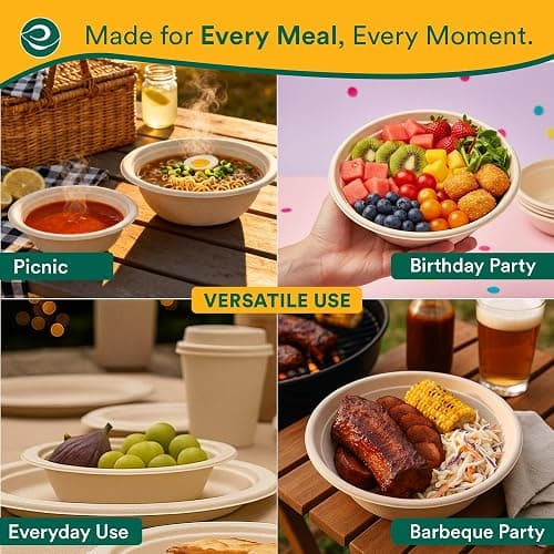 ECO SOUL Disposable Paper Bowls 24 oz, 100 Pack – Biodegradable Compostable Sugarcane Bagasse Bowls, Heavy Duty & Microwave Safe, Large Bowls for Serving Ramen, Curry, Rice, Salad – Natural Brown thumbnail 6