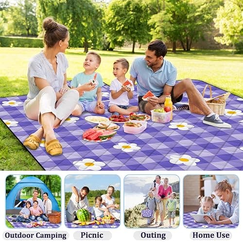 Extra Large Picnic Blanket Waterproof,80"x 80"Foldable Machine Washable Beach Blanket,Outdoor Blanket for 6-8 Adults,Suitable for Indoor Crawling,Park Beach,Camping,Hiking,Family Travel(Purple) thumbnail 6