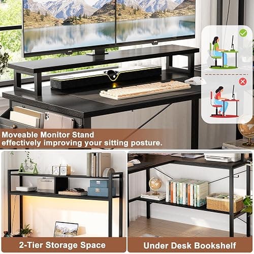 Aheaplus L Shaped Gaming Desk with Power Outlets & LED Lights, Small L- Shaped Desk Computer Corner Desk with Monitor Stand & Storage Shelf, Home Office Desk Writing Desk with Storage Bag, Black thumbnail 6