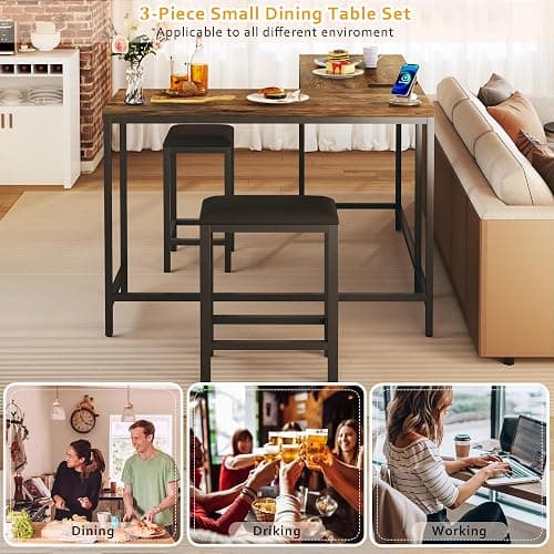 Bar Table and Chairs Set for 2-4, 63'' Convertible L-Shaped Kitchen Table with Power Outlets, 3 Piece Counter Height Small Dining Table with 2 Stools, Space Saving, Breakfast Nook Corner, Rustic Brown thumbnail 7