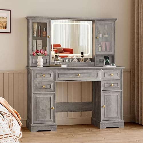 BORNOON Vanity Desk with Lights, Large LED Mirror with 3 Color Modes, Makeup Vanity with Power Outlet & USB Ports, 6 Drawers & 2 RGB Glass Cabinets, Farmhouse Dressing Table for Women & Girls (Wood) thumbnail 7