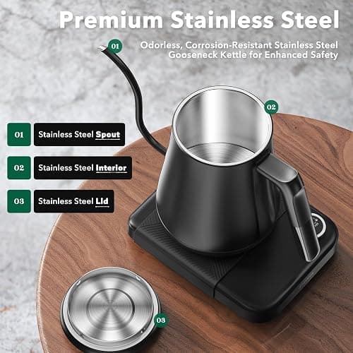 Electric Kettle, HIYAKOI Gooseneck Electric Kettle with Temperature Control, Pour Over Kettle for Coffee & Tea, 1200W Quick Heating Stainless Steel Hot Water Kettle Electric, Keep Warm, 0.8L thumbnail 8