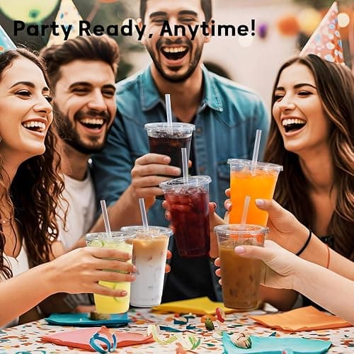 AOZITA 25 Pack - 16 oz Plastic Cups with Lids and Straws, Clear Iced Coffee Cups with Lids, Disposable Cups with Lids for Cold Drinks, Iced Tea, Milkshakes, Smoothies - Durable & BPA Free thumbnail 2