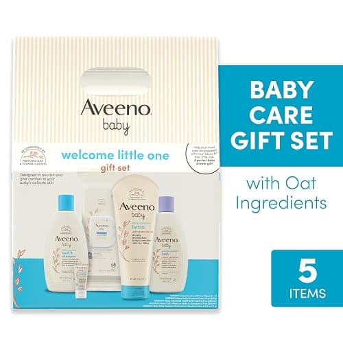 Aveeno Baby Welcome Little One Gift Set, Skincare Set with Nourishing Body Wash & Shampoo, Calming Bath Wash, All Over Wipes, Daily Moisturizing Lotion, & Balm, 5 Items thumbnail 2