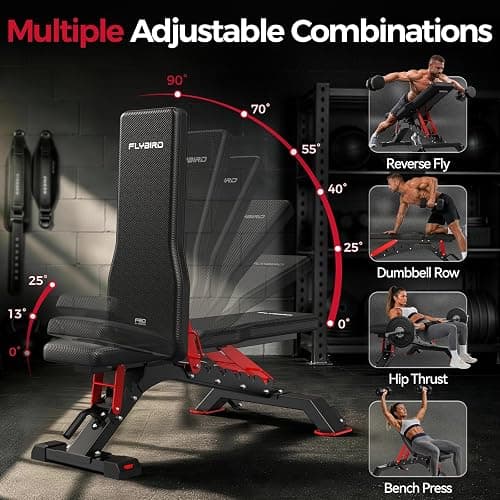 FLYBIRD WB7 Weight Bench, Commercial Grade Adjustable Weight Bench - 1300LBS Workout Bench for Home Gym, Flat Incline Bench Press Heavy Duty Bench with 34'' Extra-Long Backrest and Easy-Roll Wheels thumbnail 5