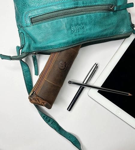 Rustic Town Leather Pencil Case - Full Grain Leather Zippered Pen Pouch - Stationery Bag Pen Holder for Work & Office thumbnail 2