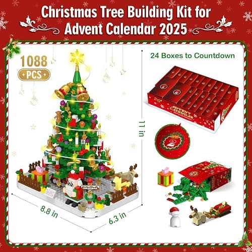 Advent Calendar 2025 Adult, 1088 Pieces Christmas Tree Building Kit with Led Light, 24 Days Christmas Countdown Christmas Tree Building Toy Set, Ideal Xmas Gift Toy for Teen Boy thumbnail 3