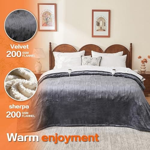 DANENOSA Electric Heated Blanket Queen Size 84''x90'' Soft Flannel & Sherpa Electric Blanket with 10 Heating Levels, Automatically Shut Down After 8h with Overheat Protection Machine Washable thumbnail 6