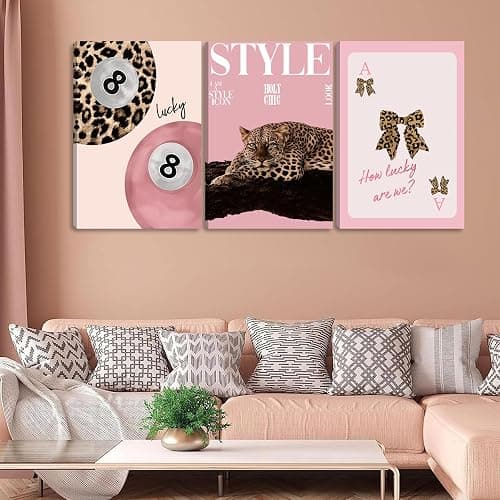 ACWOWO 3 PCS Pink Leopard Bow Canvas Wall Art Fashion Cheetah Painting Poster Lucky 8 Ball Wall Decor Pink Print Pictures for Girls Bedroom Living Room Home Decoration 12 * 16 in (Poster No Frame) thumbnail 2