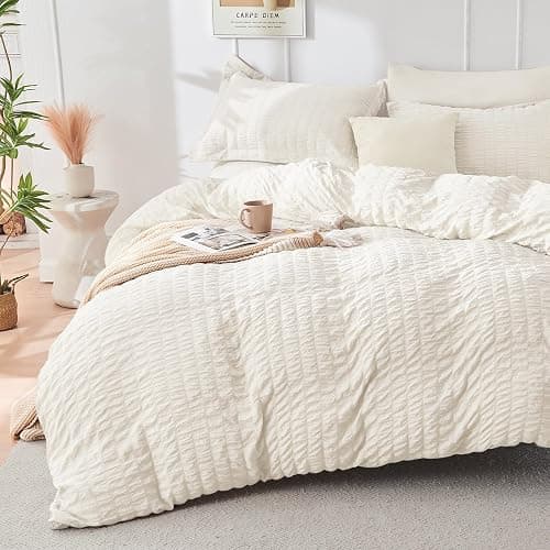 HYMOKEGE Ivory Queen Comforter Set, Seersucker Bed in a Bag Queen 7 Pieces, All Season Luxury Bedding Set with Comforters, Sheets, Pillowcases & Shams thumbnail 2