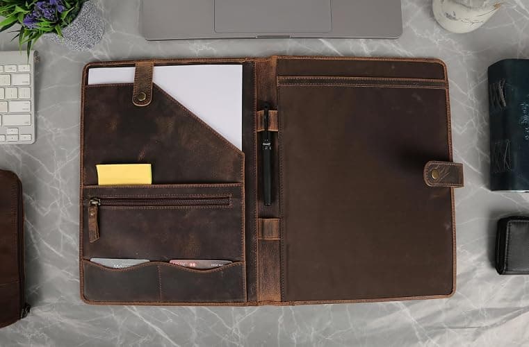 KomalC Leather Portfolio Folder with Button Closure | Business Padfolio for Professionals | Vintage Full-Grain Leather Organizer with Legal Pad Holder, Card Slots & Document Pockets (Distressed Tan) thumbnail 8