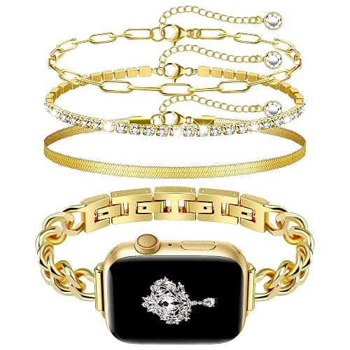 Slim Golden Band and 3Pcs 14k Golden Bracelet Set Women Feminine Elegant Compatible with Apple Watch 38/40/41/42mm(S10/11) Adjustable Metal Dressy Strap for iWatch Series 11/10/9/8/7/6/5/4/SE/3/2/1 - Image 1