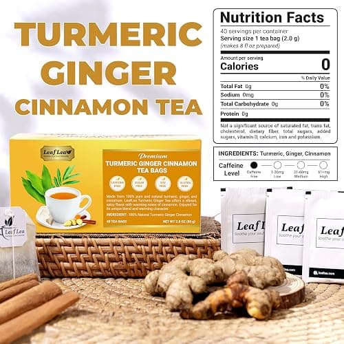 LeafLea 40 Turmeric Ginger Cinnamon Tea Bags, 100% Natural Ingredients Herbal Tea, Turmeric Ginger Herbal Blend for Wellness, Vegan, No Sugar, Caffeine-Free, Individually Wrapped for Freshness thumbnail 2