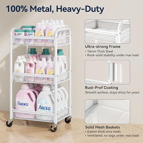 YASONIC 3 Tier Rolling Cart – Metal Utility Storage Carts with Wheels, Craft Carts Organizer with Hanging Cups, Hooks, Mesh Basket for Bedside Kitchen Office Art, White thumbnail 3