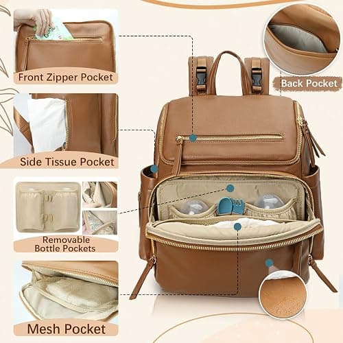 Omanmoli Diaper Bag Backpack Large Baby Diaper Bag Leather with 17 Diaper Bag Organizing Pouches,Changing Pad,Stroller Straps,4 Insulated Pockets,Brown thumbnail 4