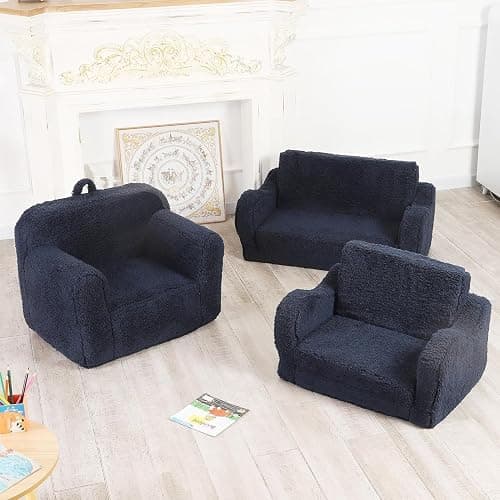 MOMCAYWEX Kids Sofa, 2-in-1 Flip-Out Foam Couch with Soft Sherpa Cover, Cozy Play Lounge Chair, Dark Blue thumbnail 6