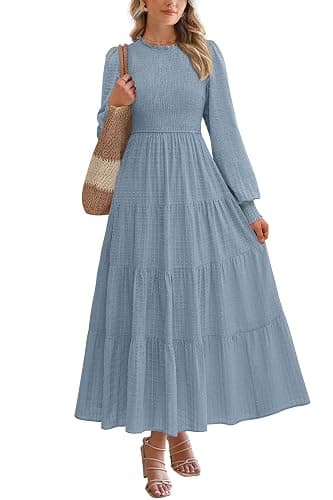 PRETTYGARDEN Women's Long Sleeve Maxi Dresses 2025 Fall Casual Smocked Trim Neck Swiss Dot Tiered Flowy Wedding Guest Dress - Image 1