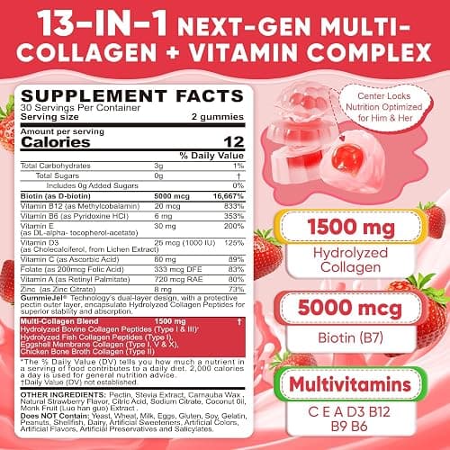 Collagen Peptide Gummies for Women & Men Sugar-Free, Multi Collagen Hydrolyzed w/ 1500mg Protein Type I,II,III,V,X, 5000mcg Biotin, Methylated B12, Vitamin C A E D3 B6 for Skin Hair Nails, Bone, 60Cts thumbnail 2
