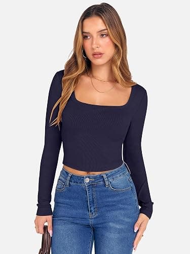ANRABESS Women's Long Sleeve Square Neck Crop Top Ribbed Slim Fitted Basic Tee Layer Y2K Shirts Fall Fashion Outfits 2025 thumbnail 5
