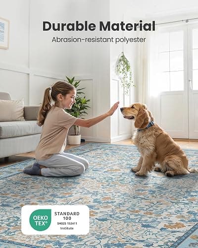 Amada Floral Washable Area Rug,8'x10',Light Blue | For Living Room,Bedroom,Dining Room,Machine Washable,Non-Slip Backing,Low-Profile Pile,Durable Edge Binding,Soft Texture thumbnail 4