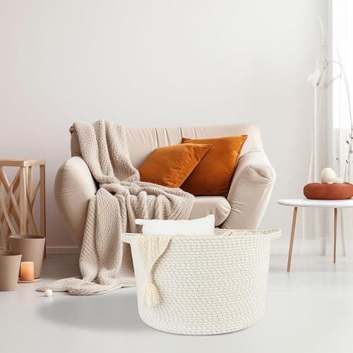 XUANGUO Extra Large Cotton Rope Basket Blankets Basket Living Room 22"x14" Toy Basket for Kids Dogs Rope Storage Basket for Nursery Woven Laundry Basket for Clothes Towels Baby Toy Storage round white thumbnail 5