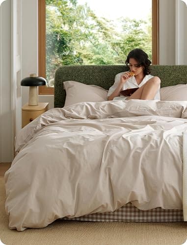 Bedsure 100% Washed Cotton Duvet Cover Queen Size - Oatmeal Minimalist Bedding Set Linen Like - PureWoven Plain Simple & Soft Comforter Cover for All Seasons (Oatmeal, Queen, 90"x90") - Image 1