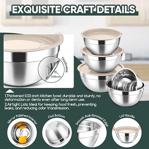 Herogo 5-Piece Mixing Bowls with Lids, 3 Grater Attachments, Stainless Steel Salad Bowls for Kitchen, Size 4.6, 3.5, 2.5, 2, 1.5QT Ideal for Baking, Prepping, Mixing and Serving, Khaki thumbnail 3