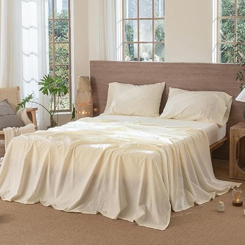 MooMee Bedding Sheet Set 100% Washed Cotton Linen Like Textured Breathable Durable Soft Comfy (Solid Cream White, California King) thumbnail 7