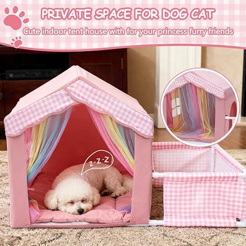 INRLKIT Princess Dog House Indoor, Cute Indoor Dog House for Small Dogs, DogTent Bed with Playpen, Small Pink Dog Canopy with Soft Cushion for Christams Gifts thumbnail 4