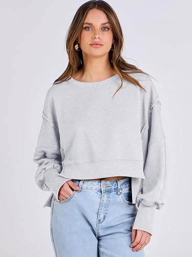 ANRABESS Womens Cropped Sweatshirts Oversized Crewneck Long Sleeve Tops 2025 Fall Winter Loose Pullover Teen Girls Clothes thumbnail 2