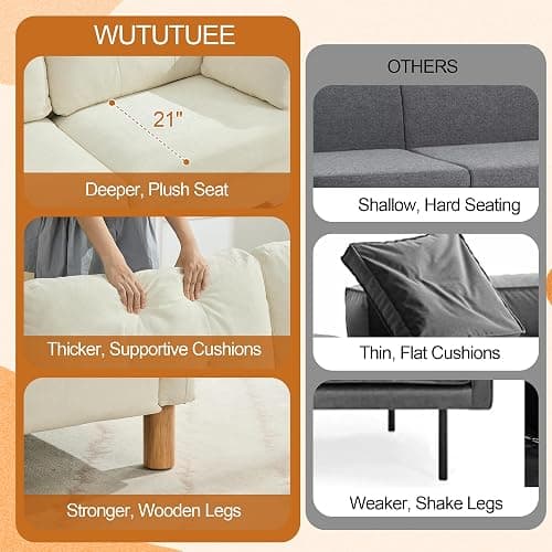 WUTUTUEE 65" Chenille Loveseat Sofa, Modern 2-Seater Love Seat Couch with Armrest Pillows, Storage Pockets, Easy Assembly, Upholstered Tufted Loveseat Sofa Couches for Living Room Bedroom, Beige thumbnail 6