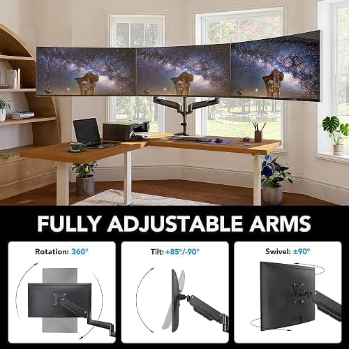 HUANUO Triple Monitor Mount for 17 to 32 inch Screens, Adjustment Gaming Triple Monitor Stand with Swivel, Tilt, Rotation, Clamp & Grommet Kit thumbnail 5
