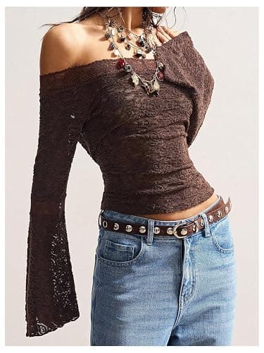 BEAUDRM Women's Lace Off The Shoulder Tops Boho Western Bell Sleeve Top | Sheer Mesh, Foral Lace, Flare Sleeve, Long Sleeve, Boho, Western, Gothic, Fitted T Shirts thumbnail 4
