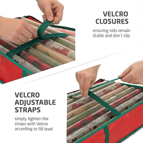 ZOBER Gift Wrapping Paper Organizer Storage - 40" Gift Wrap Storage Containers With Interior Pockets For Bows, Tags & Ribbons - Wrapping Paper Holder, Waterproof, Fits 24 Standard Rolls, Red thumbnail 6