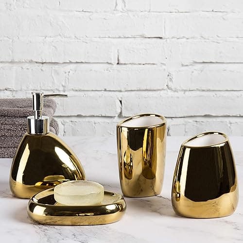 MyGift 4 Pc Complete Set Modern Ceramic Gold Bathroom Accessories Set with Soap Dispenser, Tumbler, Toothbrush Holder and Soap Dish, Bathroom Organizer Accessory for Modern Home Decor - Gold