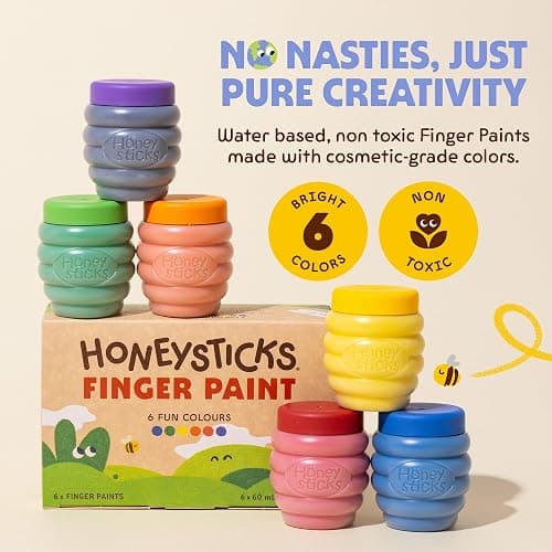 Honeysticks Non Toxic Finger Paint (6 Bright Colors), Washable from Skin, Safe Finger Painting for Toddlers, Kids Ages 1-3, 2-4, 3-5, Perfect First Paint for Little Artists Age 1+, Water Based, Eco thumbnail 2