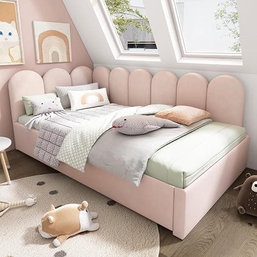 Kebnor Letto imbottito, 90 x 200 cm, divano letto con letto estraibile 90 x 190 cm, lettino con rete a doghe, velluto (senza materasso) (rosa) thumbnail 3