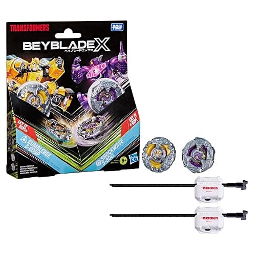 Beyblade X and Transformers Collab, Bumblebee 3-60GP vs. Shockwave 5-80O, 2 Takara Tomy Tops, 2 Launchers, Battling Top Game Toys, Ages 8+ (Amazon Exclusive) - Image 1