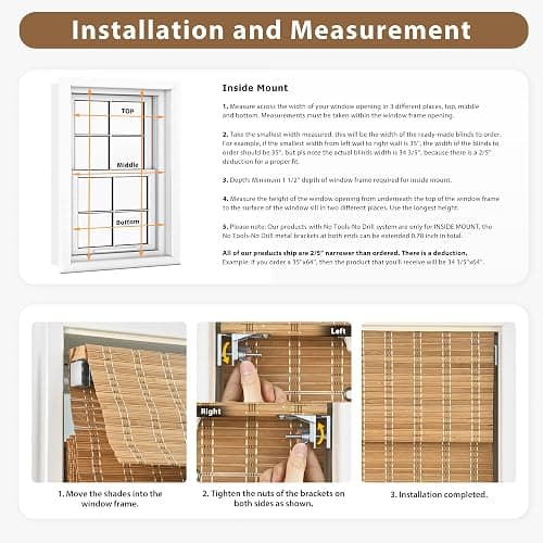 LazBlinds No Drill Cordless Bamboo Roman Shades, 30" W × 64" H, Brown | Tool-Free Light Filtering Window Treatment, Roll Up Bamboo Blinds for Windows thumbnail 6