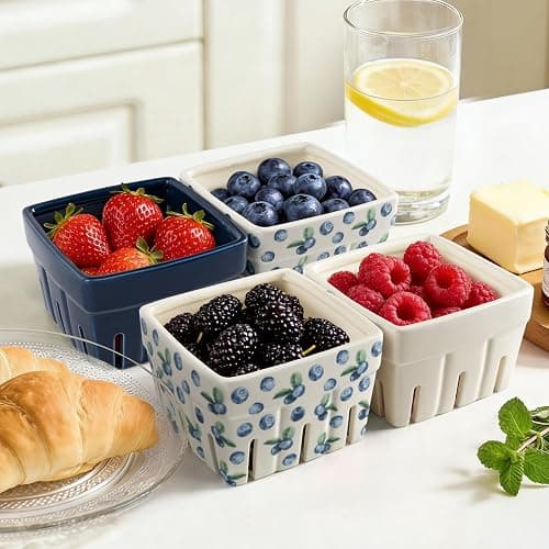 AELS Ceramic Berry Basket, Farmhouse Fruit Bowl Container for Fruit & Vegetables, Farmers Market, Kitchen Decor, Stoneware Harvest Bowls, Set of 4, Navy Blueberry thumbnail 2