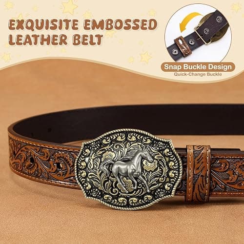SANSTHS Kids Western Belt for Boys Girls Genuine Leather Cowboy Cowgirl Belts with Detachable Buckle for Jeans Western Gifts thumbnail 5