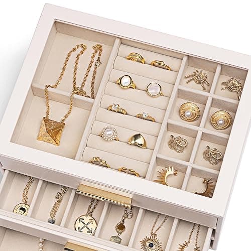 Vlando Jewelry Box with Glass Lid,Jewelry Organizer with 3 Drawers,3-Layer Jewelry Box for Women Girls,Mothers Day Gifts for Women,Beige thumbnail 7