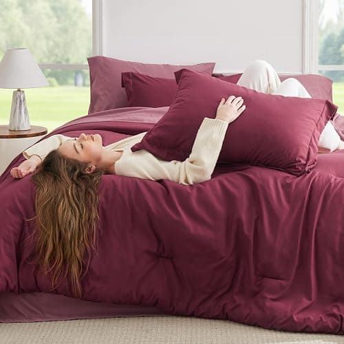 Bedsure Full Size Comforter Set - 7 Pieces Burgundy Full Bedding Set for All Seasons, Boho Contrasting Design Bed in a Bag with Comforter, Sheets, Pillowcases & Shams thumbnail 2