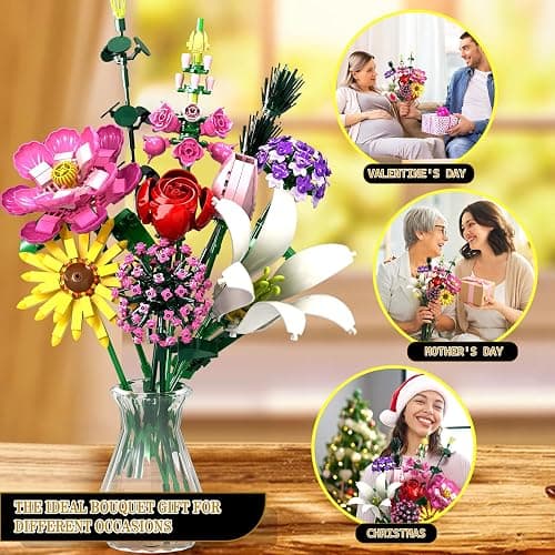 Linkowin Flower Bouquet Building Set, 699pcs Creative DIY Plant Bouquet Decoration,10 Unique Flower Bouquet for Girls Women Adults 6+, Idea Gifts for Valentines Birthdays Mother's Day thumbnail 7