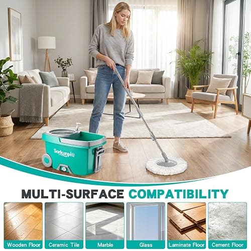 Sarkunpio Mop and Bucket Set with Wringer, Spin Mop Floor Cleaning System with 6 Replacement Microfiber Heads & 61" Extra-Long Handle for Home Floor, Blue thumbnail 7