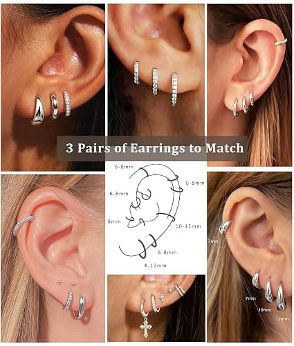 DORANA Jewelry for Her Gift 3 Pairs 925 Sterling Silver Earrings for Women Non Tarnish 14K Gold Plated Small Hypoallergenic Huggie Hoops Cartilage Stack Earring Sets for Multiple Piercing thumbnail 4