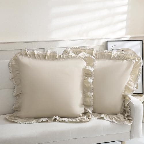 Vlocemon 100% Lightweight Cotton Ruffled Throw Plillow Shams, Crochet Edge Square Cushion Cover, Euro 26"×26" Throw Pillow Covers, Set of 2, for Bed, Sofa, Couch (Ivory) - Image 1
